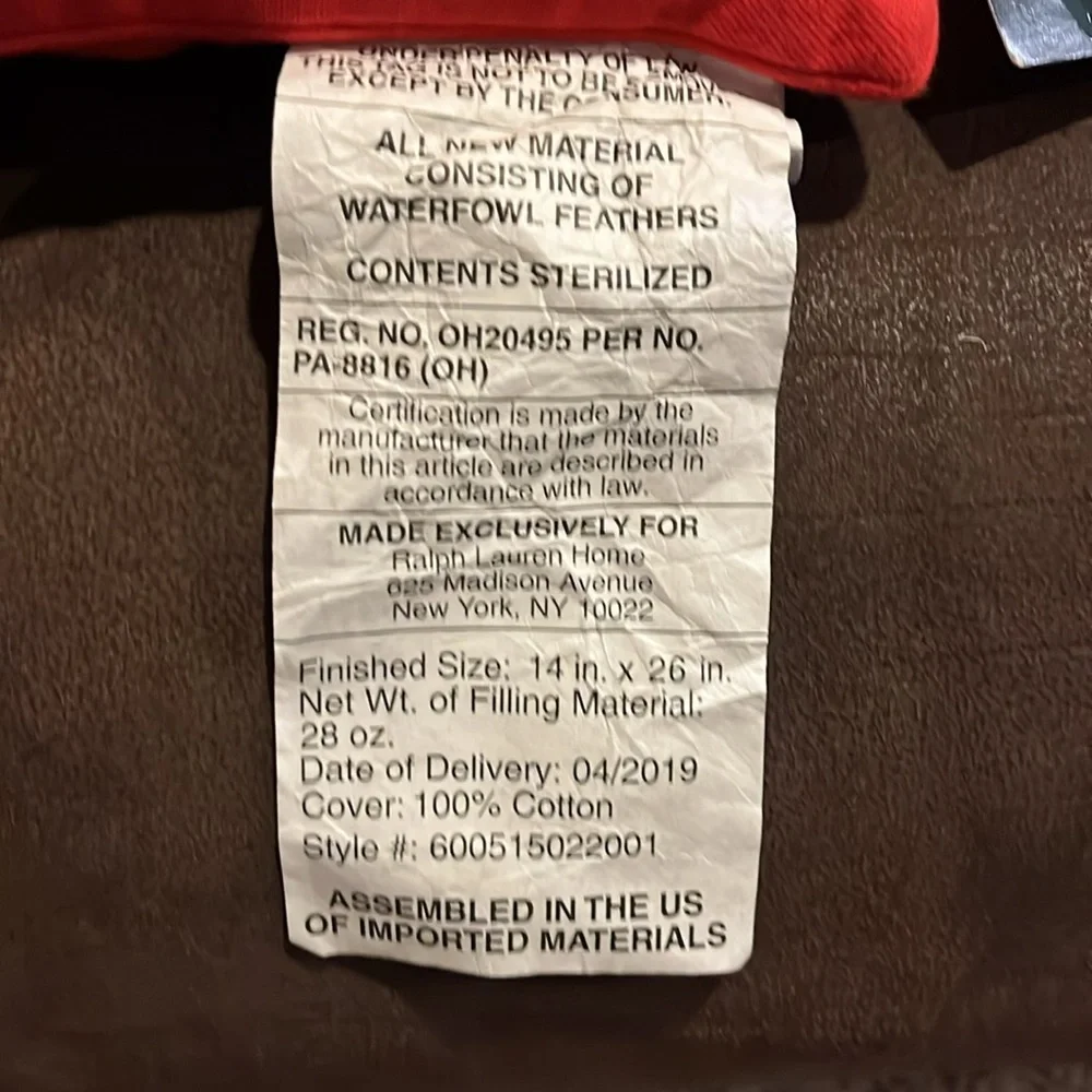 Ralph Lauren Oblong Throw Pillow 14”x26” Tomato new